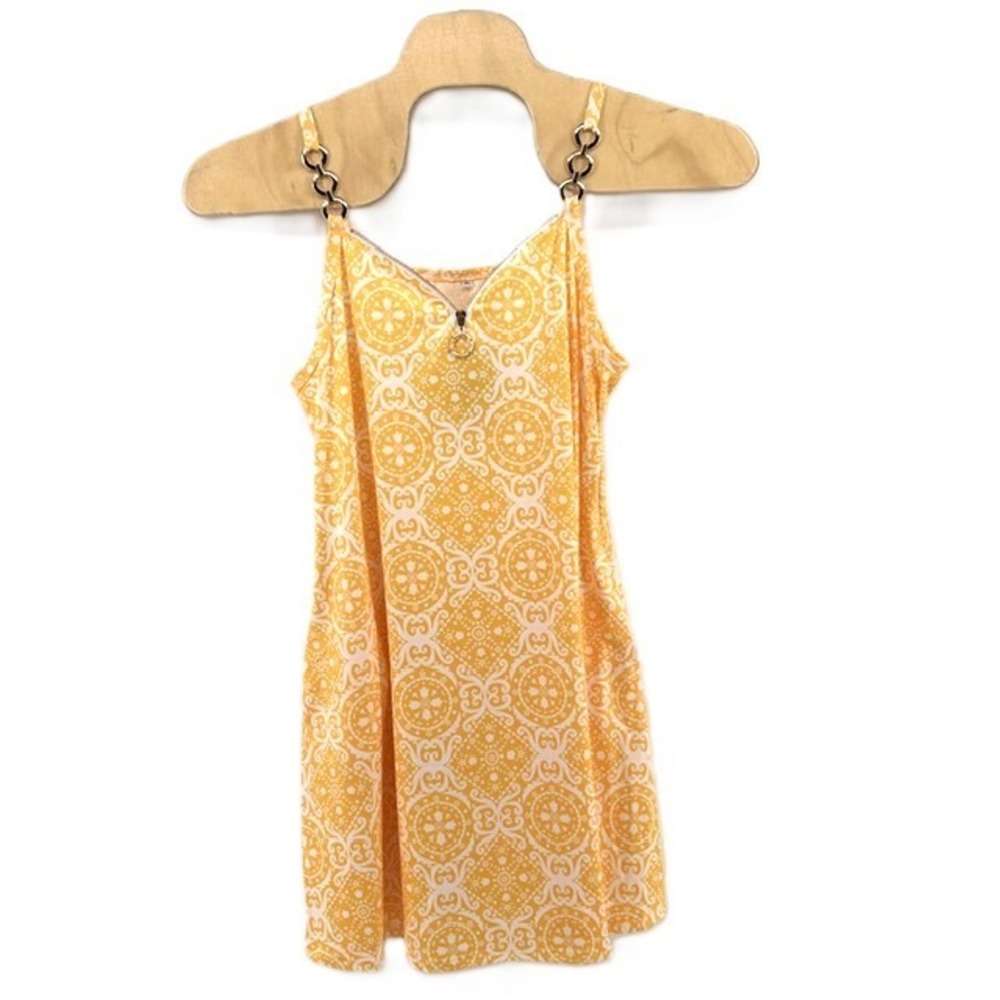 ETCYY Yellow Geometric Medallion Zip Front Chain Strap Mini Dress Pockets XL NWT
